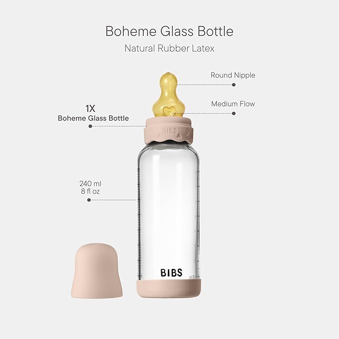 BIBS Boheme Baby Glass Bottle 8 oz /240 ml. Anti-Colic. Round Natural Rubber Latex Nipple. Supports Natural Breastfeeding - Blush