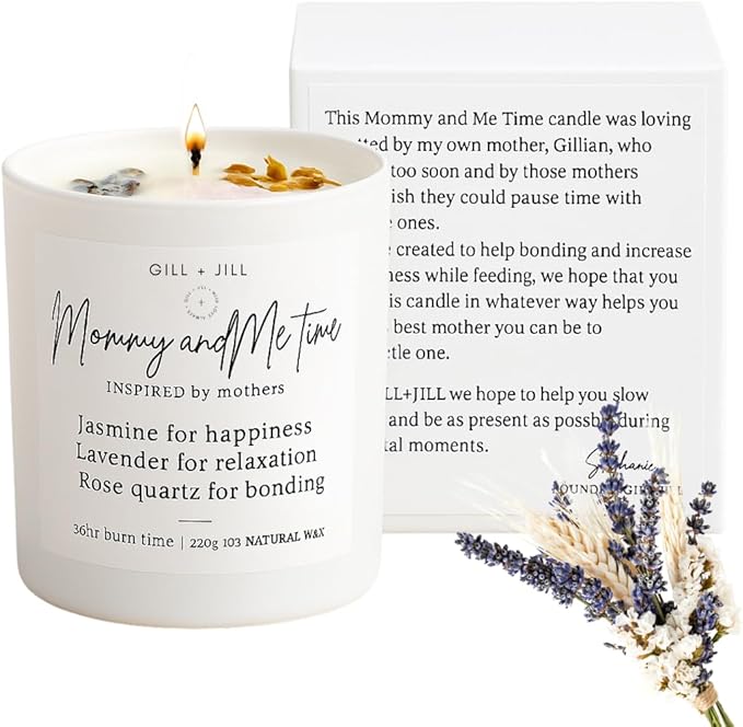 Premium Candle Gifts for New Mom – After Birth Gifts for Women – Postpartum, Baby Shower & Pregnancy Gift for Expecting Mom – Paraffin-Free Natural Soy Wax - Rose Quartz Crystal, Lavender & Jasmine