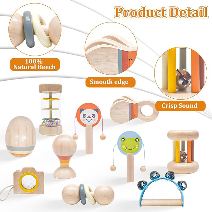10 PCS Wooden Baby Toys Set-Organic Infant Rattles Newborns 0-6 Month & Montessori-Inspired Musical Instruments for 0-12 Month - Natural Toddler Developmental Toys