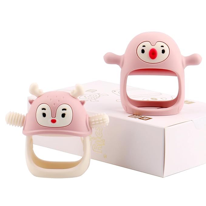 Smily Mia Teething Toys for Babies 0-12 Months, Penguin and Reindeer Baby Gift Set, Chew Toys 3M+, Hand Teether Set, Light Pink