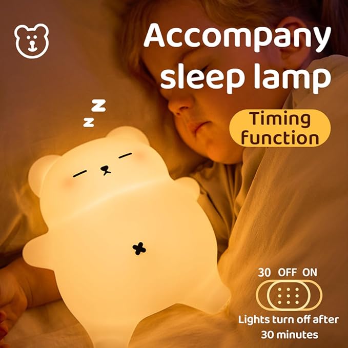 Sleeping Snoring Bear Night Light Nursery lamp for Kids,3-Level Dimmable,30Min Auto-Off Timer,Rechargeable Type-C, BPA-Free & Food-Grade Silicone for Kid Room Bedroom Decor Kids Gift