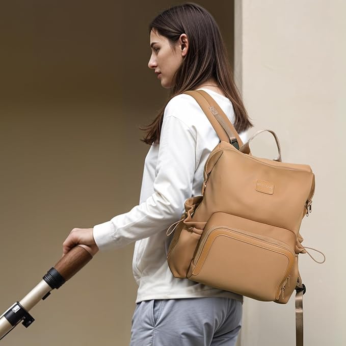 miss fong Diaper Bag Backpack - Baby Diaper Bag Neoprene Bag Large Capacity Neoprene Backpack with Diaper Changing Pad Travel Diaper Backpack Baby Backpack with 12 Pockets for Mom & Dad -Brown