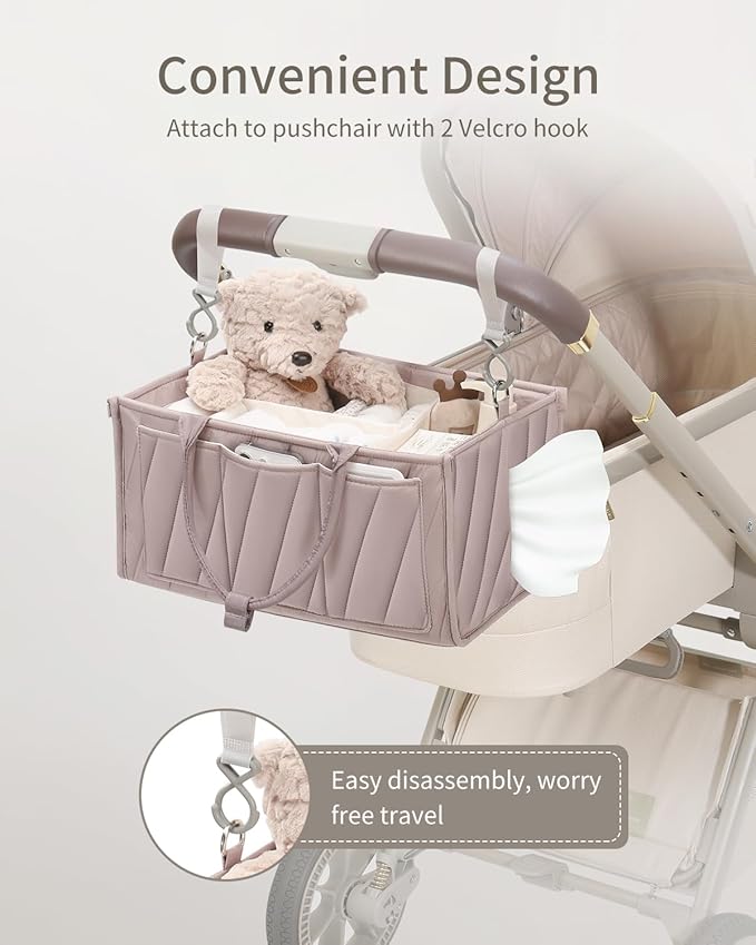 Diaper Caddy Organizer, baby organizer for essentials – All-in-One Storage Basket with Compartments, Wipe Pocket & Stroller Clips – Must-Have for Nursery, Changing Table, Registry or Gift