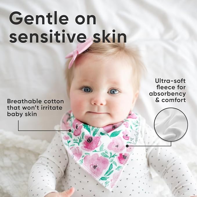 Copper Pearl 4 Pack Soft Cotton Baby Bibs for Drooling and Teething, Absorbent Drool Bibs for Baby Girl and Boy, Adjustable to Fit Newborns to Toddlers, Tons of Styles (Bloom)