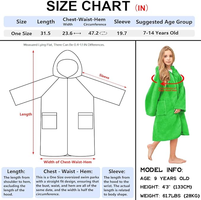 Hiturbo Kids Bath Towel Hoodie: Soft Plush Zipper Surf Poncho - Warm Fleece Changing Towels Swimming Outerwear (Green)