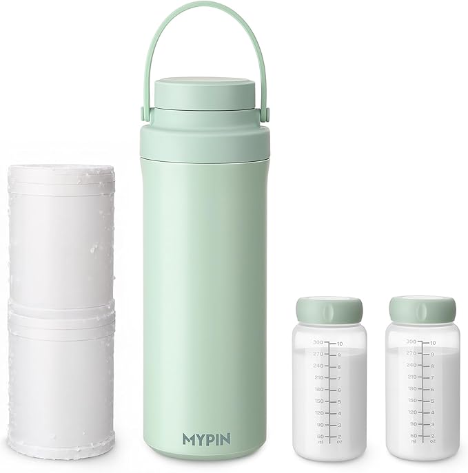MYPIN 22oz Portable Breast Milk Cooler for Outdoor, 360° Cooling Tubes for 24 Hours with 2pcs Baby Bottles Reusable Storage Container, Larger Capacity Stainless Steel Travel Breastmilk Chiller