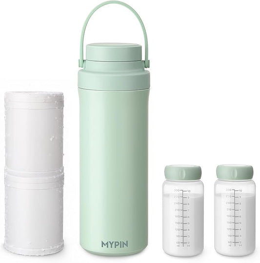 MYPIN 22oz Portable Breast Milk Cooler for Outdoor, 360° Cooling Tubes for 24 Hours with 2pcs Baby Bottles Reusable Storage Container, Larger Capacity Stainless Steel Travel Breastmilk Chiller