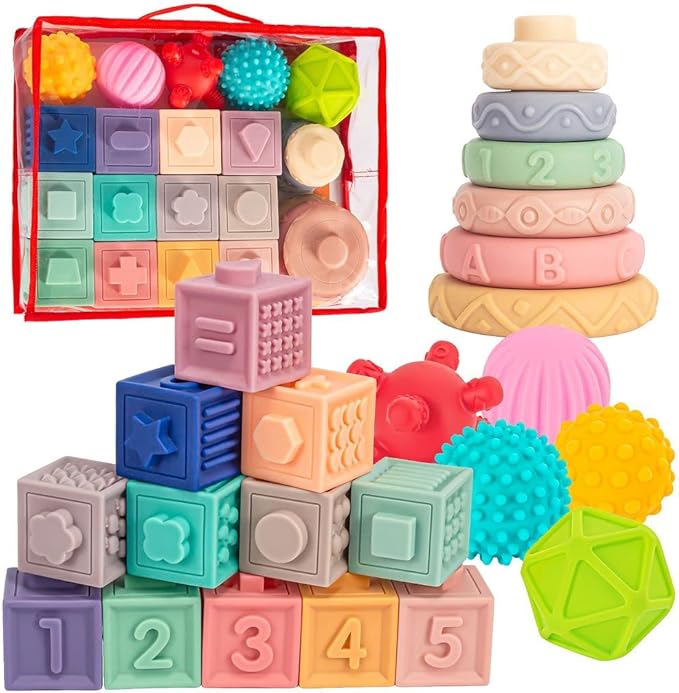 SpringFlower 3 in 1 Montessori Toys for Babies 0-3-6-12 Months, Soft Baby Teething, Stacking Building Blocks for Infants, Sensory Developmental Education Toys for Toddler Baby 12-18 Months,23 PCS