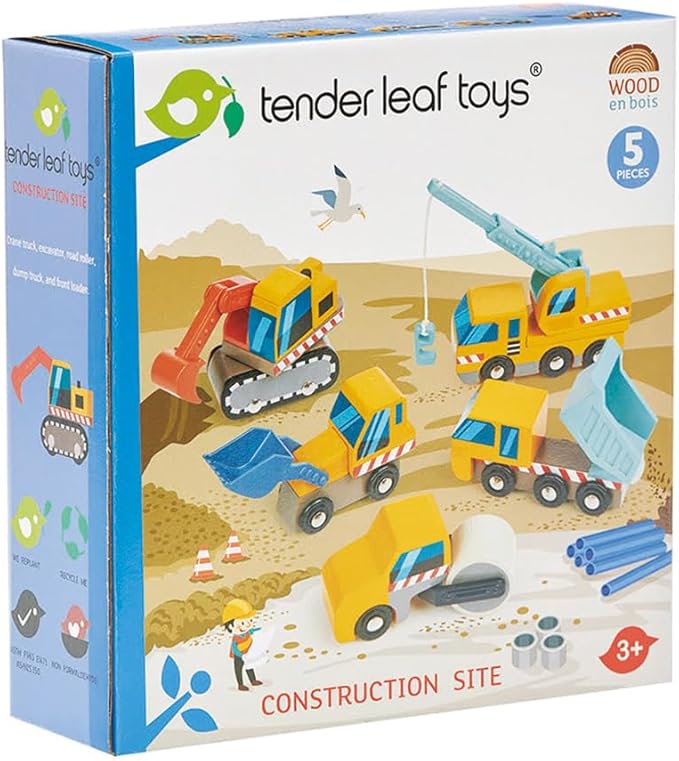 Tender Leaf Toys - Construction Site - Four Heavy Vehicles with Crane Truck, Road Roller, Dump Truck and Front Loader - Build Your Own Construction Site and Develops Fine Motor Skills for Children 3+