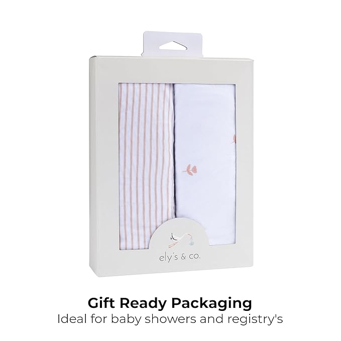 Ely’s & Co. Pack and Play Sheets, for Mini/Portable Crib, 2 Pack Fitted Playpen Play Yard Sheet Set Compatible with Graco Pack n Play, for Baby Girls, 100% Cotton, Pink Tulips and Stripes, 38”x24”x5”