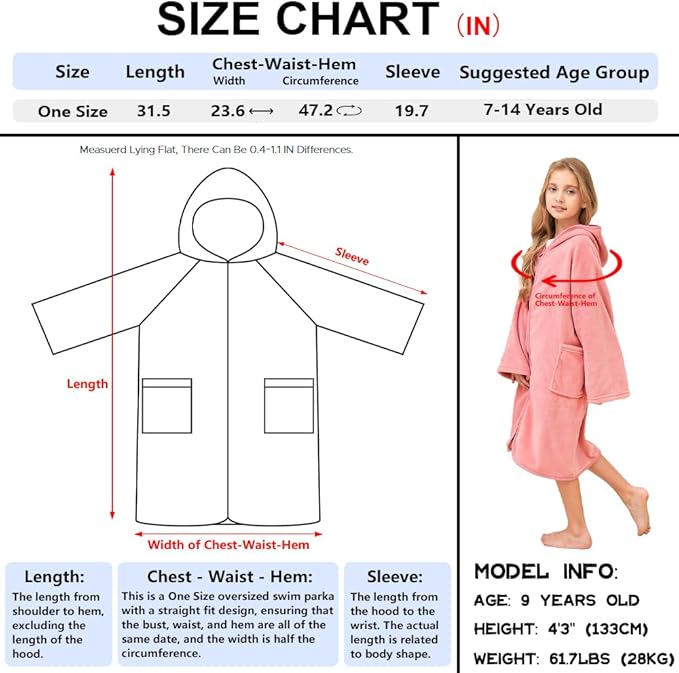 Hiturbo Kids Bath Towel Hoodie: Soft Plush Zipper Surf Poncho - Warm Fleece Changing Towels Swimming Outerwear (Pink)