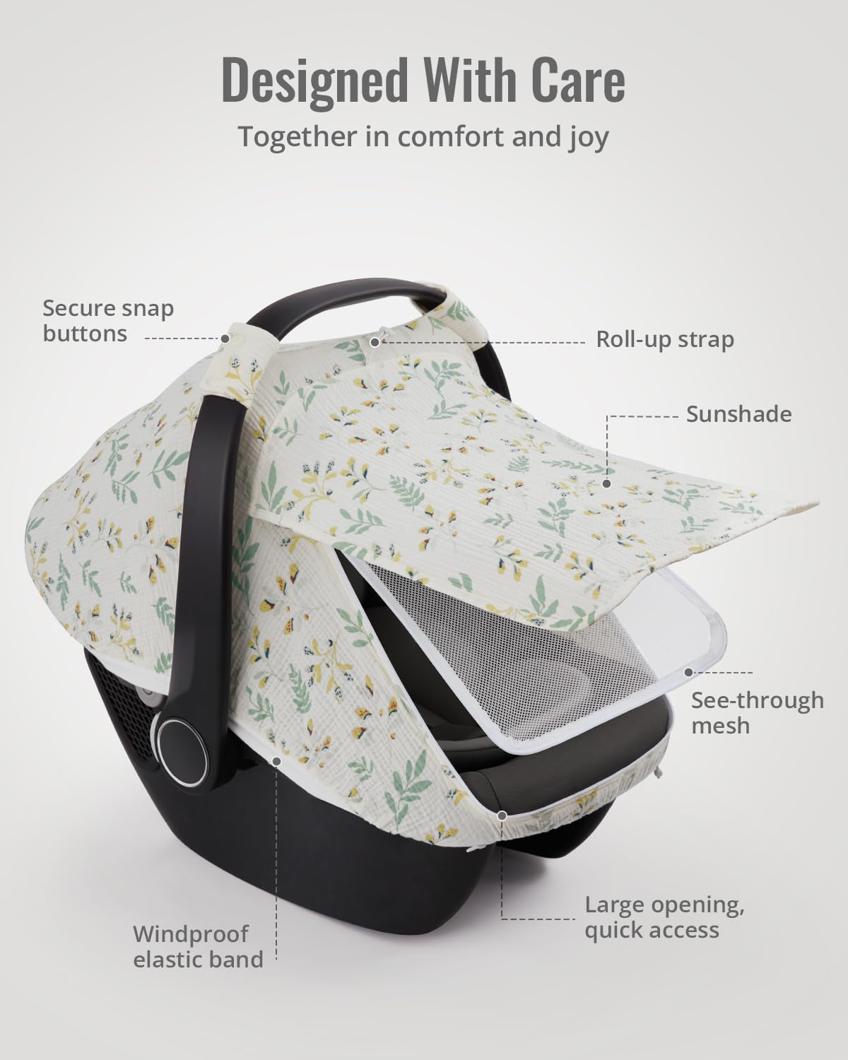 Blissful Diary Baby Car Seat Cover, Extra Large Mesh Window, Breathable Muslin Cotton, Infant Windproof Canopy, Must-Have Baby Gift - Roman Green