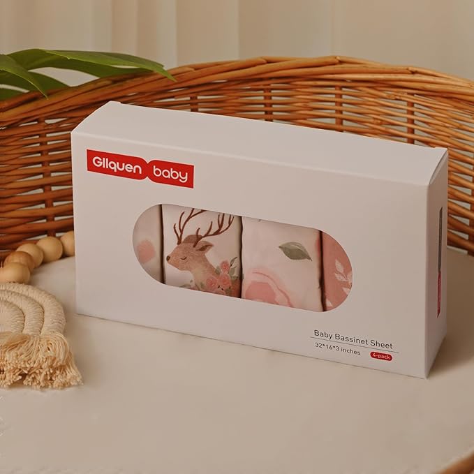 Gllquen Baby Bassinet Sheets 4 Pack, Breathable Cozy Fitted Mattress Sheet, Elastic Travel Crib Fashionable Floral Pattern, Standard Cradle Safe Sheets for Baby Boys Girls 32"x16"(Deer & Rose)