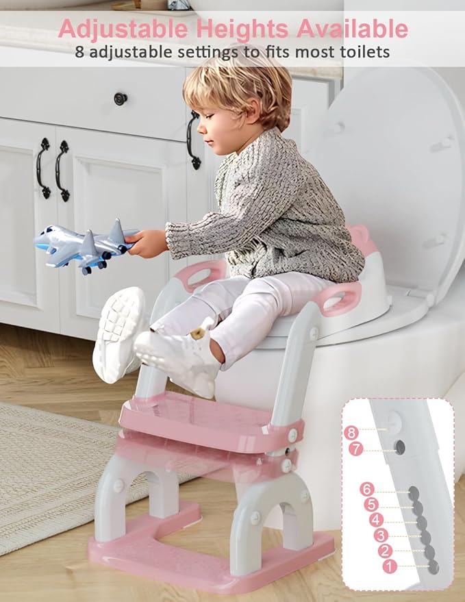 Potty Training Seat with Step Stool Ladder, Potty Training Toilet Seat with Soft Seat Splash Guard, Adjustable Height, 2 in 1 Potty Seats for Toddlers Kids Boys Girls