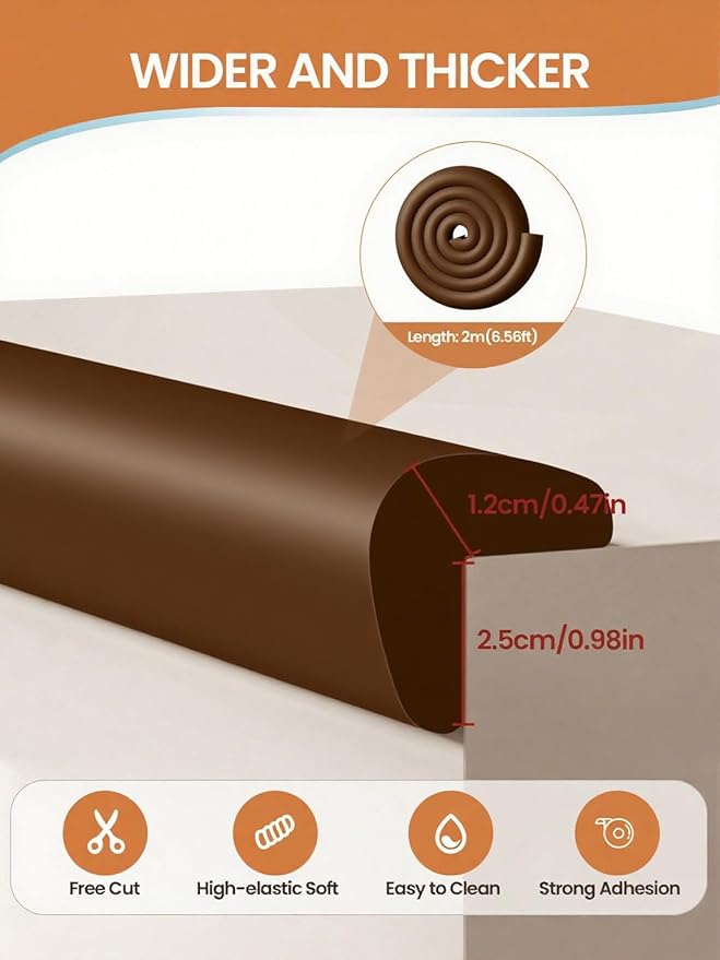 Baby Proof Edge Corner Protector, 6.56FT 0.47''Th L-Shape Furniture Corner & Edge Safety Bumpers with 6 Corners, Pre-Taped, Soft NBR Rubber Foam Desk Edge Cushion Wall Corner Protector(Coffee)