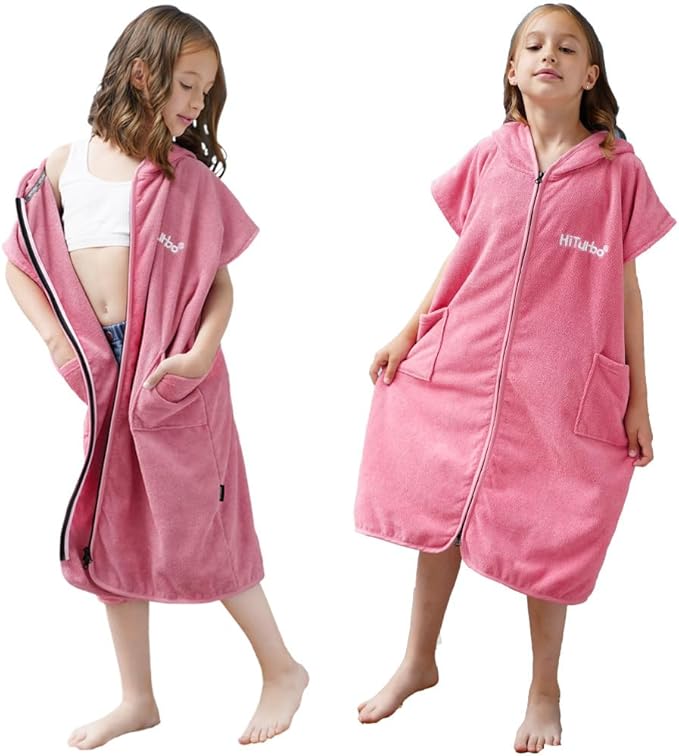 Hiturbo Kids Bath Towel Hoodie: Absorbent Quick Dry Zipper Surf Poncho - Changing Towels Swimming Outerwear (Pink)