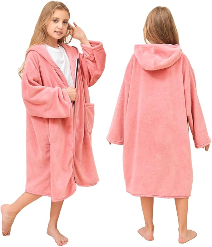 Hiturbo Kids Bath Towel Hoodie: Soft Plush Zipper Surf Poncho - Warm Fleece Changing Towels Swimming Outerwear (Pink)