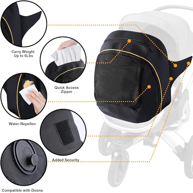 Abnaok Stroller Organizer Bag for Doona with 2PCS Double Stroller Hook, Infant Car Seat Stroller,Large Capacity Diaper Bag, Stroller Accessories Easy Access Zipper Design