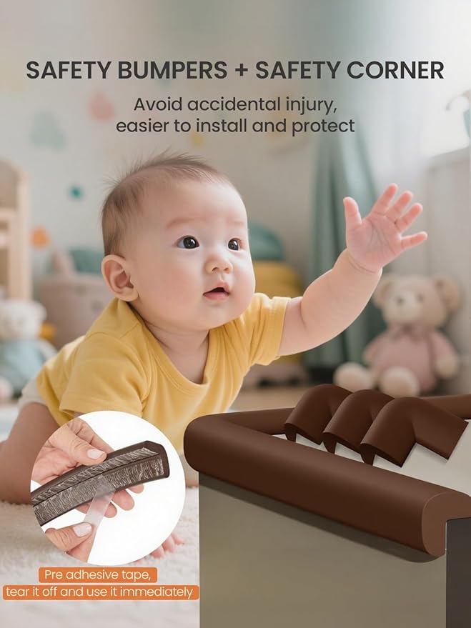 Baby Proof Edge Corner Protector, 6.56FT 0.47''Th L-Shape Furniture Corner & Edge Safety Bumpers with 6 Corners, Pre-Taped, Soft NBR Rubber Foam Desk Edge Cushion Wall Corner Protector(Coffee)