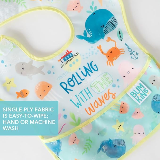 Bumkins - SuperBibs + Sleeved Bib - For Boys & Girls, Babies & Toddlers 6-24 Months - Lightweight, Durable, Waterproof - Catch-All Pocket -Wipeable & Machine Wash -Ocean Life & Whale Tail Blue -3 Pack