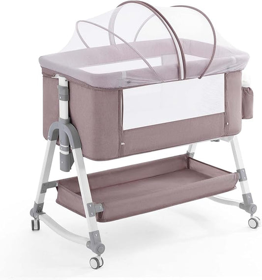 3 in 1 Baby Bassinet, Rocking Bassinets Bedside Sleeper with Comfy Mattress and Wheels, Height Adjustable Easy Folding Portable Bedside Crib for Newborn Infant,Deep Khaki
