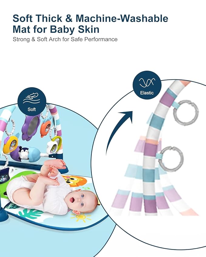 dearlomum Baby Play Mat Gym, Funny Play Piano Tummy Time Activity Mat with 5 Infant Sensory Toys, Music and Lights, Boy & Girl Gifts for Newborns 0 to 3 6 9 12 Months(New Blue)