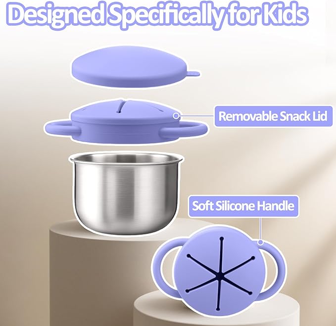 BUSOHA 2 Pack Stainless Steel Toddler Snack Cups - 9 OZ Spill-Proof Baby Snack Containers with Lid Travel Snack Containers for Kids Food Grade Silicone Dishwasher Safe