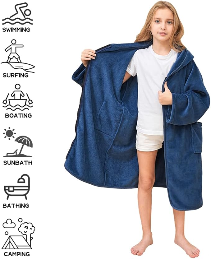 Hiturbo Kids Bath Towel Hoodie: Soft Plush Zipper Surf Poncho - Warm Fleece Changing Towels Swimming Outerwear (Navy)