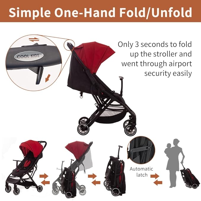 COOL KIDS Portable Stroller with Automatic Fold,Lightweight Umbrella Stroller with Pop Out Sun Canopy,Compact Stroller for Travel(red)