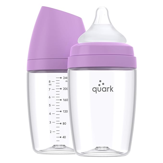 BuubiBottle Max Slow Flow Bottle for Newborn Babies by Quark - with Anti-Colic RealFeel Nipple to Simulate Breastfeeding - BPA-Free, PVC-Free, Toxin-Free - 8 Oz Bottle with Lid, 2 Pack - Purple