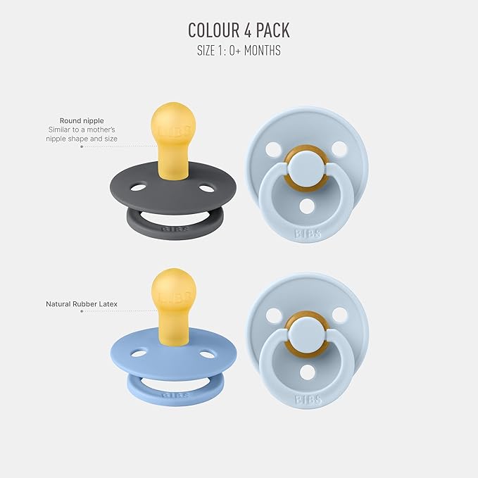 BIBS Pacifiers - Colour 4 Pack | Round Nipple Baby Pacifier | BPA Free Natural Rubber Latex Soother | Made in Denmark | Size 0-6 Months | Blue Colors