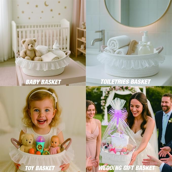 Cotton Rope Gift Basket with Handle– White Woven Storage Basket with Organza Lace, Decorative Bin for Baby Shower, Housewarming, Nursery, Toys, Towels, Baby Accessories, Easter, Holiday Gifts