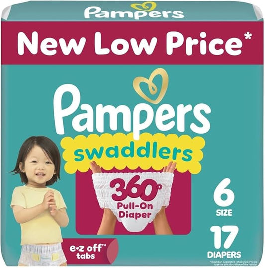 Pampers Diapers - Swaddlers 360° - Size 6, 17 Count, up to 100% Leakproof Comfy Dry Fit, Designed for Easy Changes, Pull On Baby Diaper