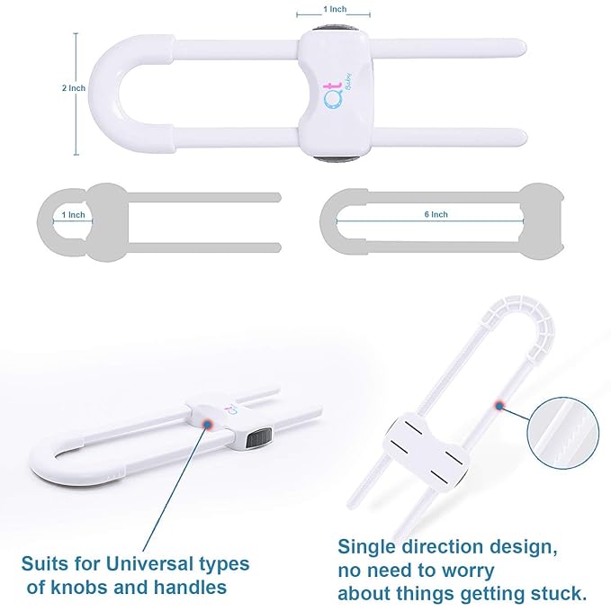 Baby Proofing Cabinet Locks | Adjustable U Shaped Baby Safety Latches for Drawers, Fridge, Closet |Modern Baby Proofing Cabinet Lock with Extra Secure Lock Buttons (Pack of 2, White)
