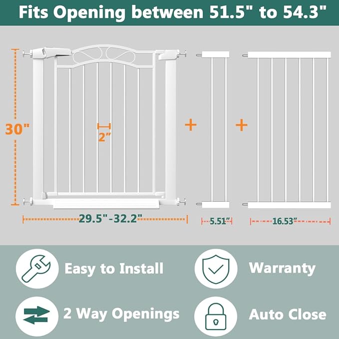 Fairy Baby 51.5"-54.3" Extra Wide Press Mounted Baby Gate Indoor for Kids Or Pets Walk Thru No Drill Long Dog Gates for The House Doorway Child Safety Gate