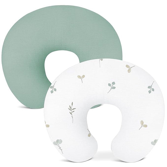 Nursing Pillow Covers 2 Pack, Muslin Nursing Cover for Breastfeeding Pillows, Comfortable for Baby Girls and Boys (Leaf-B & Sage)