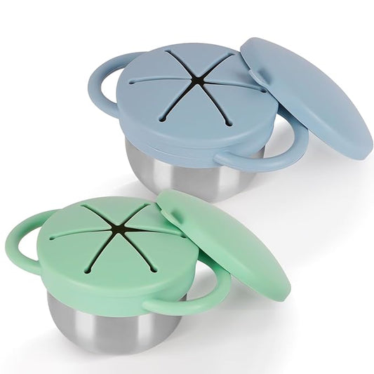 2 Pack 304 Stainless Steel Snack Cups for Toddlers, Toddler Snack Containers with Spill-Proof Silicone Travel Lid & Handle, Dishwasher Safe, Removable Snack Cup for Baby, Toddler, Kids
