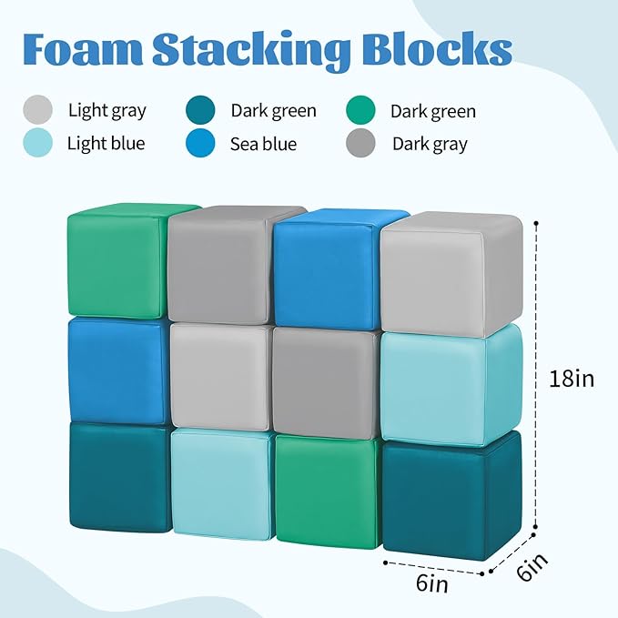 Foam Building Blocks for Toddlers:12-Pieces Wipeable Leather Stacking Cubes Kids - Large Soft Toys Play Set for Learning Construction Baby Preschool Daycare Therapy Birthday Gift (Modern)