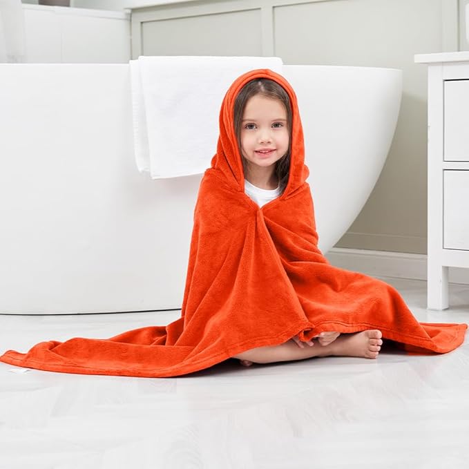 Hiturbo Kids Fleece Hooded Bath Towel: Soft Plush Pool Beach Towel Blanket - 50"x30" Toddler Towels Wrap for Boys Girls 3-12 Years (Orange)