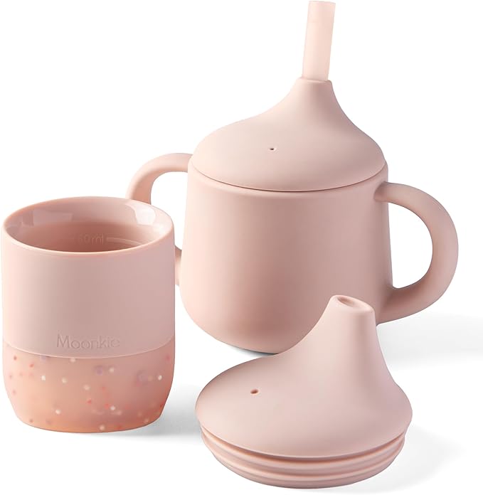 Moonkie Baby Training Cup & Sippy Cup Set | 4 Months+ | Baby-Led Weaning Essential | Gift for Infants (Blush Cup Set, 2 Pack)