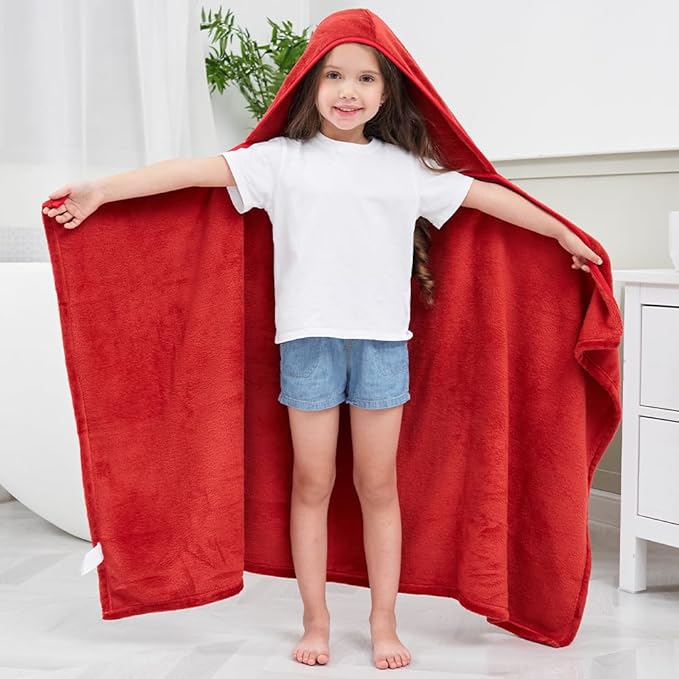 Hiturbo Kids Fleece Hooded Bath Towel: Soft Plush Pool Beach Towel Blanket - 50"x30" Toddler Towels Wrap for Boys Girls 3-12 Years (Red)