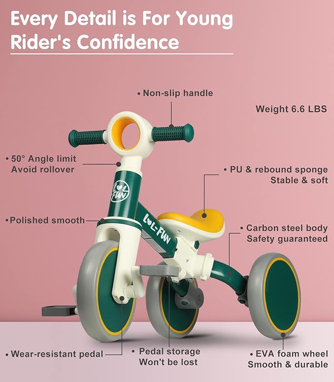 LOL-FUN Toddler Balance Bike for 1 to 4 Years Old Boys Girls Gift, 4 in 1 Baby Bicycle for 1 2 Year Old Kids Tricycle 3 Wheel with Easy Assembly Removable Pedal