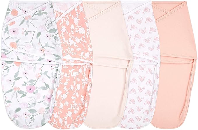 aden + anais Essentials Easy Swaddle Wrap Quick Change with Bottom Zipper, Snug Cotton Knit Baby Wrap Swaddle Blanket for Newborns, TOG 1.0, 5 Pack, Feminine Florals, 0-3 Months, Small/Medium