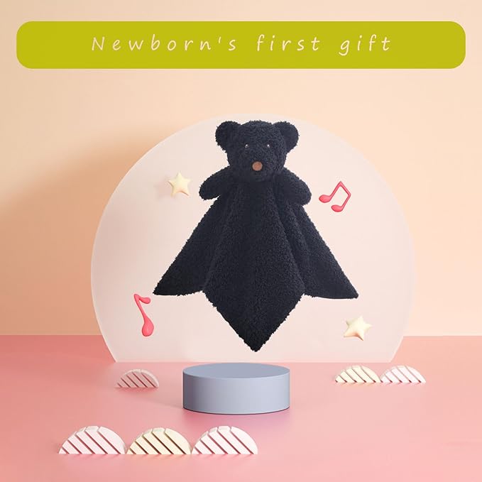 Baby Black Teddy Bear Soft Stuffed Animal Security Blanket, Plush Bear Character Lovey Blanket, Baby Shower/Nursery Gift, Newborn Infant Toddler Snuggle Blankie for Boys Girls, 14 Inches