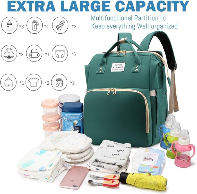 Diaper Bag Backpack with Changing Station, Nappy Baby Bags with Portable Changing Pad, 900D Waterproof Multi-Function Travel Portable Mommy Bag, Green