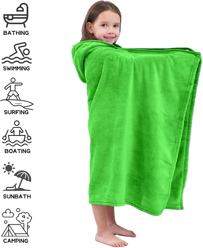 Hiturbo Kids Fleece Hooded Bath Towel: Soft Plush Pool Beach Towel Blanket - 50"x30" Toddler Towels Wrap for Boys Girls 3-12 Years (Green)