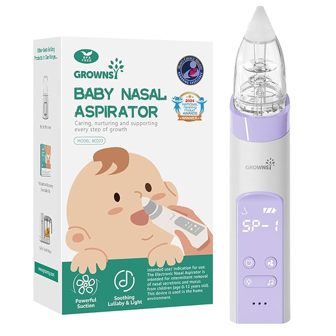 GROWNSY Nasal Aspirator for Baby, Electric Baby Nose Sucker, Automatic Nose Cleaner with Larger Suction Chamber and More Powerful Suction, Music and Light Soothing Function, Purple