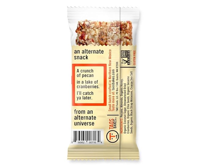 Taos Bakes - Caramel Pecan + Cranberries - Breakfast Bars - 5g Fiber & Gluten Free - Healthy Snacks for Adults - Filled with Pecans, Cranberries, Sesame Seeds, & Chia Seeds - 1.8oz