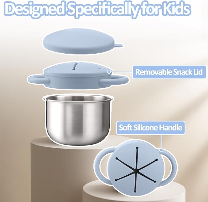 BUSOHA Stainless Steel Toddler Snack Cups - 9 OZ Spill-Proof Baby Snack Containers with Silicone Catcher and Lid Travel Snack Containers for Kids Food Grade Silicone Dishwasher Safe,Blue