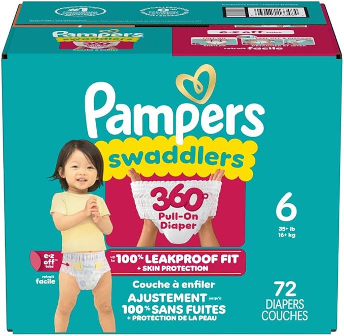 Pampers Diapers - Swaddlers 360° - Size 6, 72 Count, up to 100% Leakproof Comfy Dry Fit, Designed for Easy Changes, Pull On Baby Diaper (Packaging May Vary)